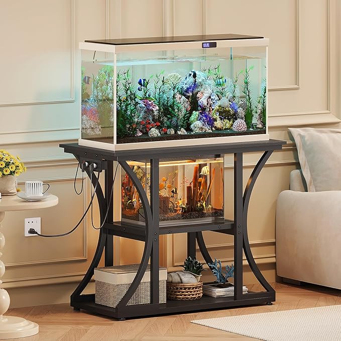 50 Gallon Aquarium Stand with Power Outlets Fish Tank Stand with 3-Tier Storage Shelves Display Stand for Turtle Tank Shelves Metal Frame Stand for Living Room Office Entryway(Black)