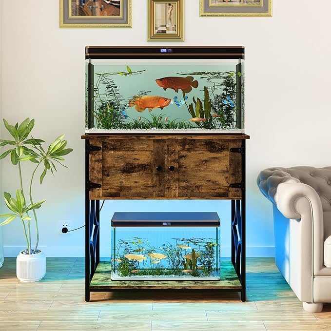 20-29 Gallon Fish Tank Stand with Power Outlets & LED Light, 330LBS Capacity, 20 Gallon Aquarium Stand with Storage, Metal Fish Tank Stand for Turtle Tank, 30.7" L*15.7" W Tabletop, Brown