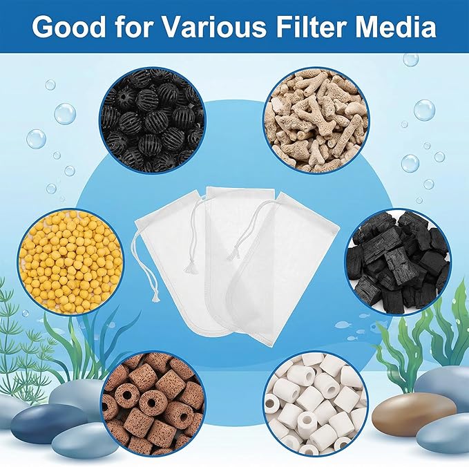3Pcs Aquarium Filter Media Bag, Fine Mesh Aquarium Media Bag with Drawstring, Reusable Purigen Bags for Aquariums Fish Tank Rock Gravel Charcoal