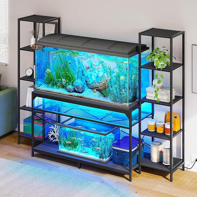 DWVO 55-75 Gallon Aquarium Stand with Power Outlets & LED Light, Display Stand for Turtle Tank, Reptile Terrarium, Heavy Duty Metal Fish Tank Stand Suitable for Living Room, Entryway, 860LBS Capacity