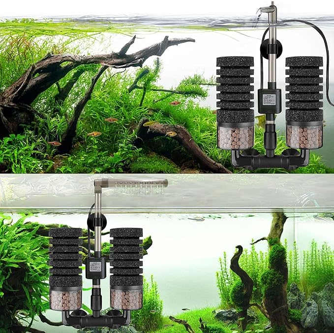 Aquarium Electric Sponge Filter with Submersible Water Pump Silence Motor for Shrimps,Bettas with Bio Ceramic Media Balls and 2 Spare Sponge,Venturi Nozzle and Rain Mode (S for 10-20 Gal)