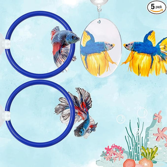 Betta Fish Enrichment Toys Ring and Mirror , Floating Exercise Mirrors And Training Ring, Floating Mirrors Aquarium With Feeding Rings, Fish Toys, Betta Fish Tank Accessories (Blue+Mirror, 6.4cm)