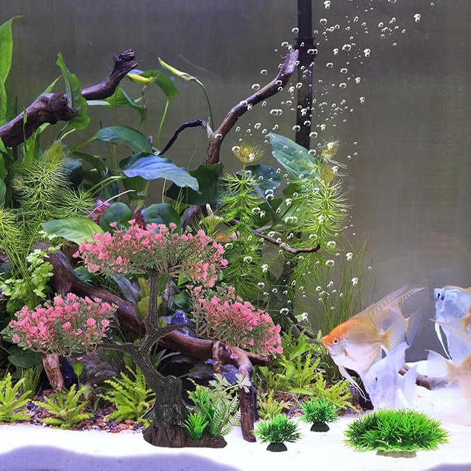 Milisten Artificial Aquarium Plants, Plastic Fish Tank Plants, Tall Fish Tank Decorations, Pink Cherry Blossom Tree Greenplant, Aquarium Decor Goldfish Betta Hides Accessories