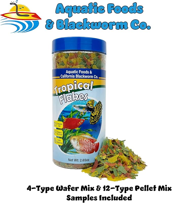 Premium Tropical Fish Flakes, for Angel Fish, Guppies, Live Bearers, Loaches, Gouramis, Cichlids, All Tropical Fish. 12-Type pellets and 4-Type Wafers Included 2.65oz Canister