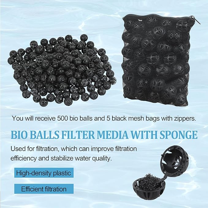 500 Pieces Black Bio Balls 1.02 Inch Internal Bioballs Filter Media for Aquarium Filter&Pond Filter with 5 Pieces Aquarium Filter Media Mesh Bags