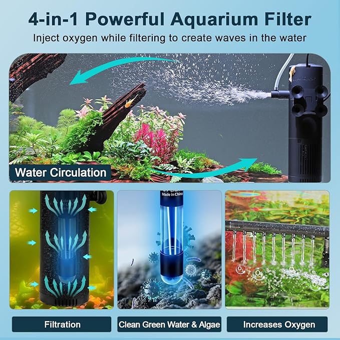 hygger Aquarium U-V Filter with Filter Sponge, U-V Light & Timer, Submersible Pump Filter for Green Water Clean, Internal Filter with Aeration & Rainfall for Fish Tank