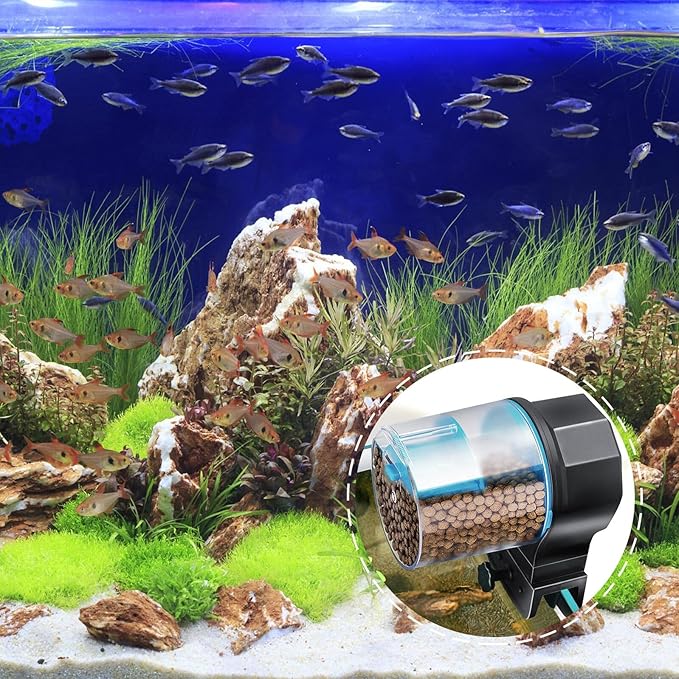 HEMOTON Automatic Fish Feeder for Aquarium and Turtle Tanks, Intelligent Feeding Device with Timer Function, Blue Plastic Material, Suitable for Home and Vacation Use