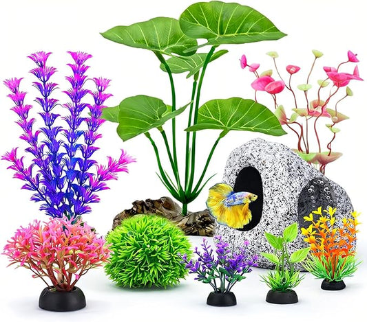 9 Fish Tank Decorations Set Aquarium Decor, Rock Cave Hideout, Artificial Aquarium Plants Plastic Betta Leaf Hammock Goldfish Betta Fish Tank Accessories Small Large Fish Bowl Ornaments