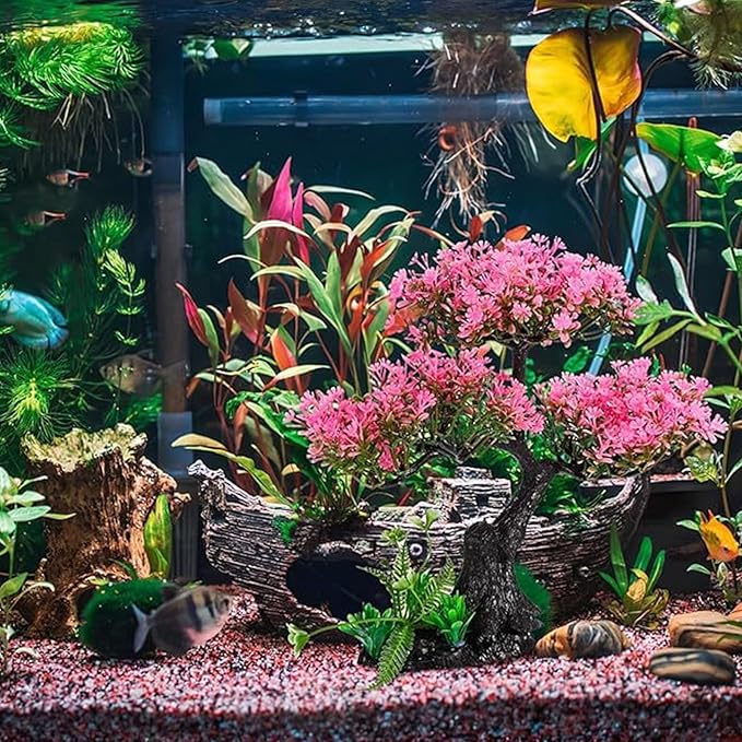 Aquarium Artificial Plants Decor, Cherry Blossom Tree with Grass Set, Pink Plastic, 9.44x3.54x2.75 Inches, for Nature Underwater Landscape (Pink-B)
