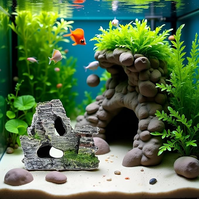 Artificial Moss Rock Aquarium Stone Cave – Resin Fish Tank Decor for Hiding and Landscaping, Small Mountain Terrain Ornament, Natural-Looking Habitat for Fish, Shrimp, and Reptiles, Decoration