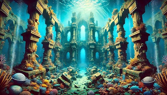 Undersea Ruins Aquarium Background Coral Ancient Building Fish Tank Background 24x12 Inches PVC Glass Container Decoration with Tapes