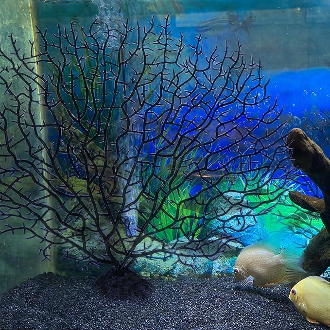 Tfwadmx Large Artificial Coral Plant Sea Fan Decor Black Fish Tank Decoration Aquarium Landscape 2 Pcs 5.9inch to 7inch