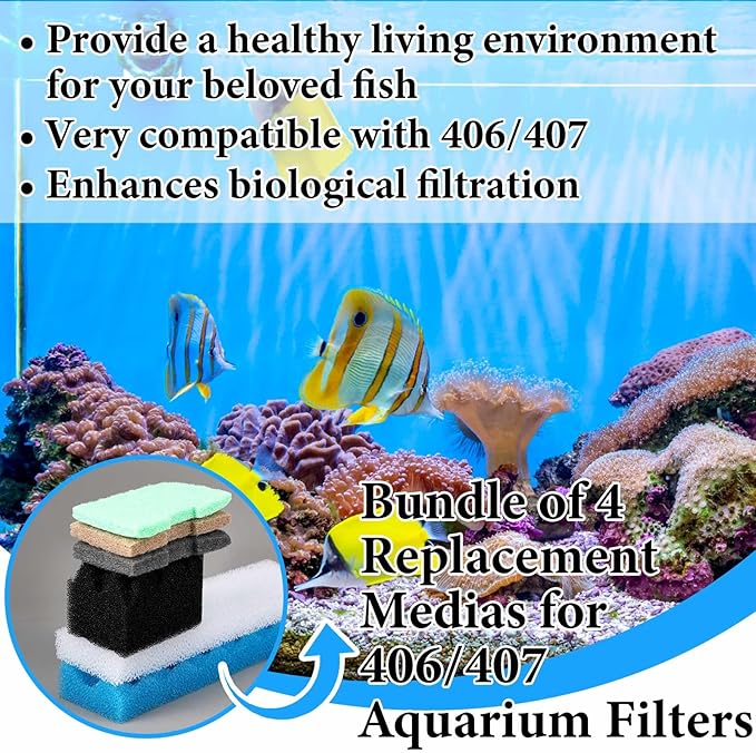 Threlaco 32 Pcs Filter Media Compatible with 406/407 Filters, Aquarium Replacement Maintenance Kit Including Biological Sponge, Ammonia/Phosphate/Nitrite Remover Pad, Aquarium Towel, Grease