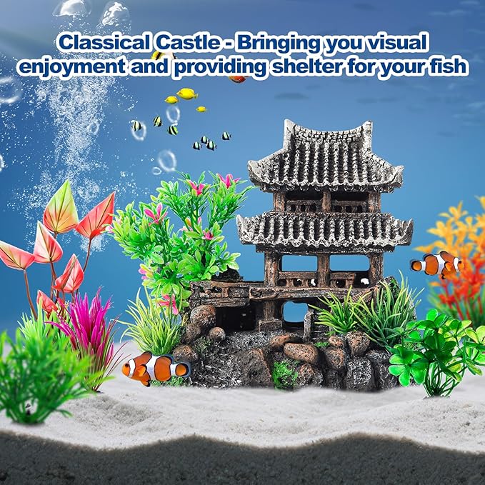 CousDUoBe 9Pcs Resin Castle Decorations Set，Realistic Fish Tank Castle with Eco-Friendly Design,Fish Tank Decorations Aquarium Accessories