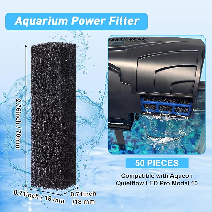 VIHOSE 50 Pcs Ammonia Reducer Filter Pads Compatible with Aqueon Quietflow LED Pro Model 10, Fiber Cotton Replacement Filter Cartridges, Aquarium Fish Tank Sponge Media for Filters(Black)