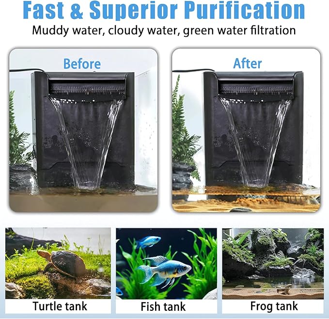 290GPH Turtle Tank Filter for 20-85 Gallon, Turtle Filter Low Water Level Available and Flow Adjustable, Turtle Water Filter for Shrimps Amphibians Turtle Tank Saltwater Freshwater Crystal Clear