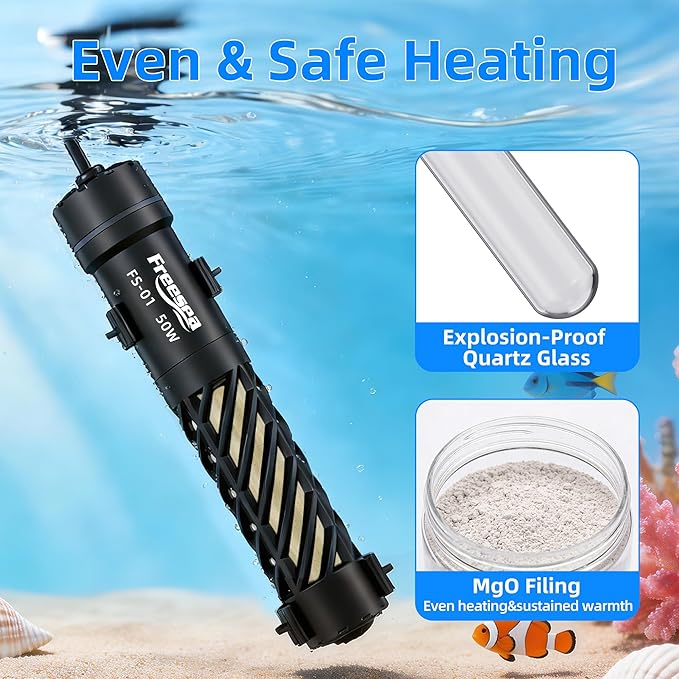 FREESEA Aquarium Heater for Fish Tank: 50W Small Submersible Thermostat with Off-Water Protection & UL Certified Cord for 3-10 Gallon Fish Turtle Tanks Enthusiasts