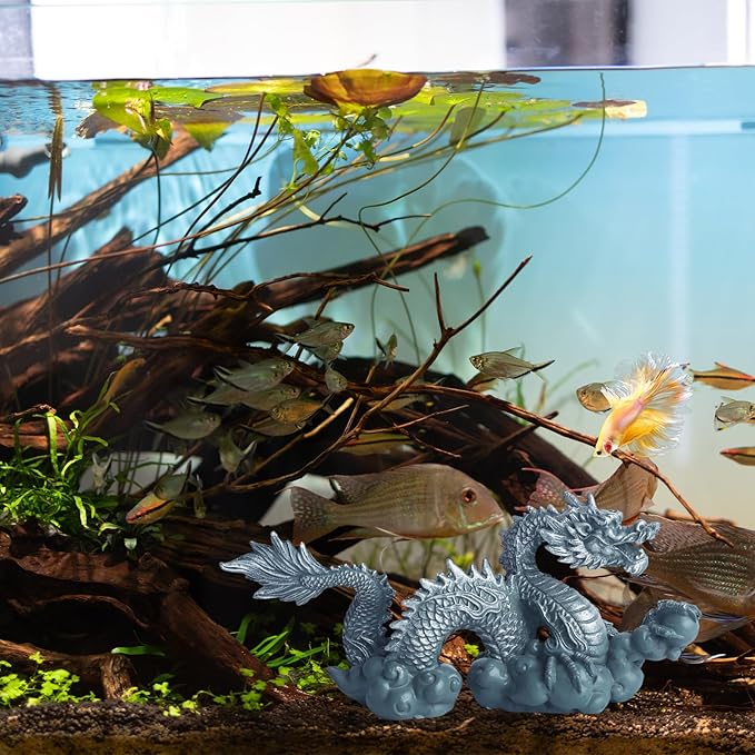RUIAN Fish Tank Dragon Statue-Chinese Dragon Ornament for Aquarium Decor, Gray Blue Meditating Figurine Safe for Freshwater & Saltwater Tanks(Dragon)