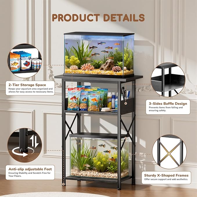 10 Gallon Fish Tank Stand with Storage Shelves, 3-Tier Aquarium Stand with Rust-Proof Metal Frame, Heavy Duty Waterproof Reptile Turtle Tank Stand for Home Office Up to 150LBS, 21.5" L x 11.5" W x 30" H, Black