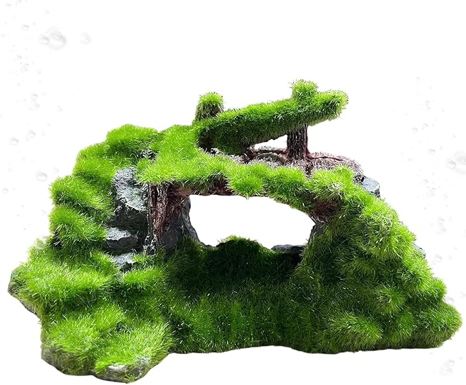 Saim Aquarium Cave Decor, Mossy Hollow Rock Hideout for Betta Fish & Shrimp - Natural Ruins Stone with Hole, Small Fish Hideaway Tank Ornaments