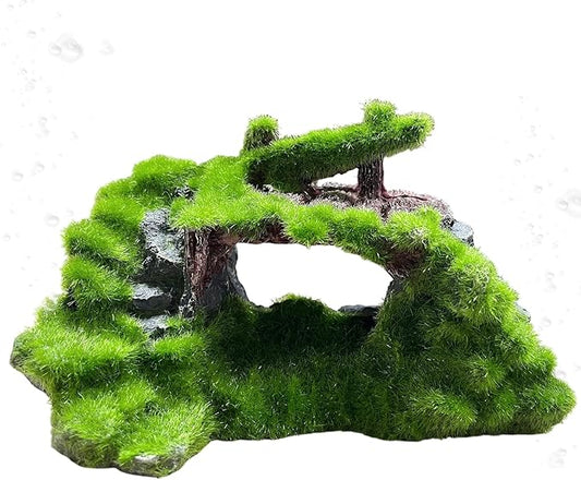 Saim Aquarium Cave Decor, Mossy Hollow Rock Hideout for Betta Fish & Shrimp - Natural Ruins Stone with Hole, Small Fish Hideaway Tank Ornaments