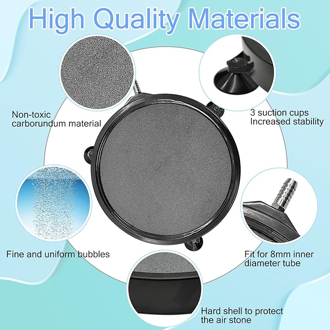 kathson 8 Inch Aquarium Air Stone Hydroponics Fish Tank Air Stone Disc Aerator Bubble Diffuser with Suction Cups Air Pump Round Dissolved Oxygen Airstone Decoration for Pond Dwc Circulation