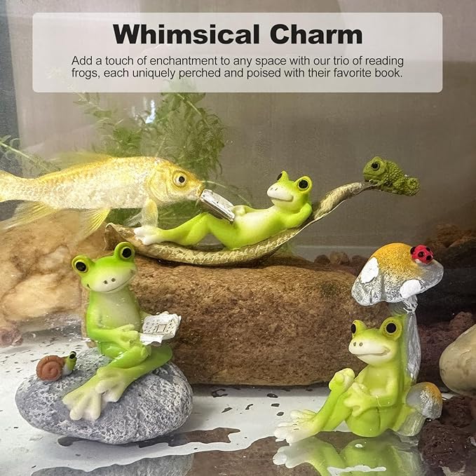 Resin Frog Ornaments for Fish Tanks and Home Decor,Enchanting Whimsical Frogs Reading Trio