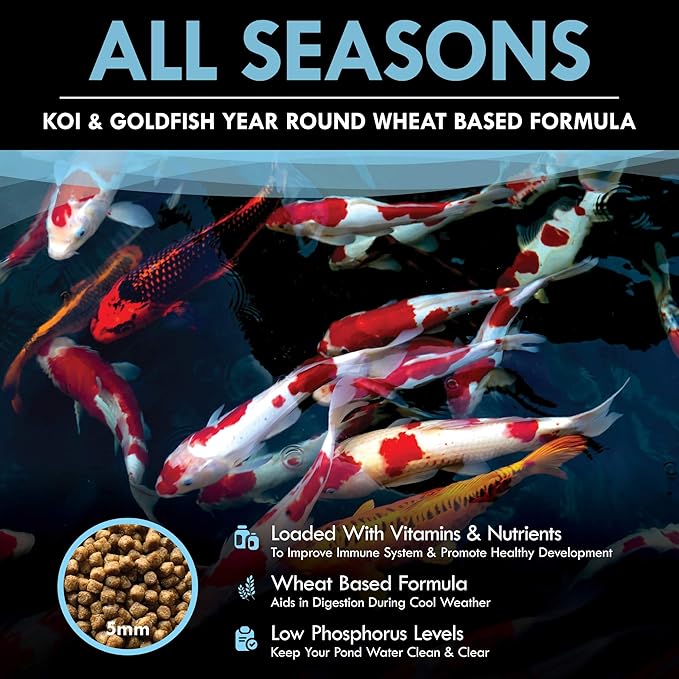 HALF OFF PONDS All Seasons Koi Fish Food - 30 lb Floating Pellets, 5mm Size - Goldfish Food for Ponds - 28% Protein with Wheat Germ & Vitamins - Ideal for Year-Round Feeding & Water Clarity