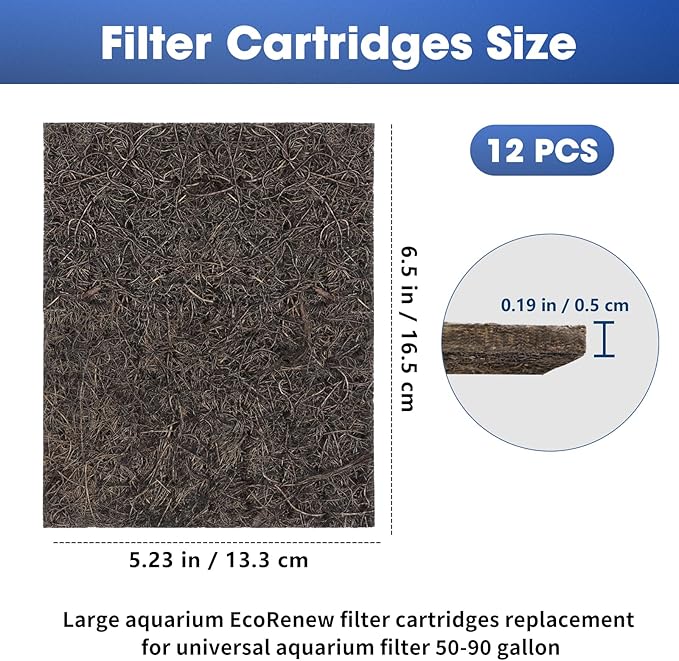 ENLOY Large Aquarium EcoRenew Filter Cartridges Replacement for Universal Aquarium Filter 50-90 Gallon, Fish Tank Filter with Activated Carbon, Fits Freshwater and Saltwater Aquariums, 12 Pack