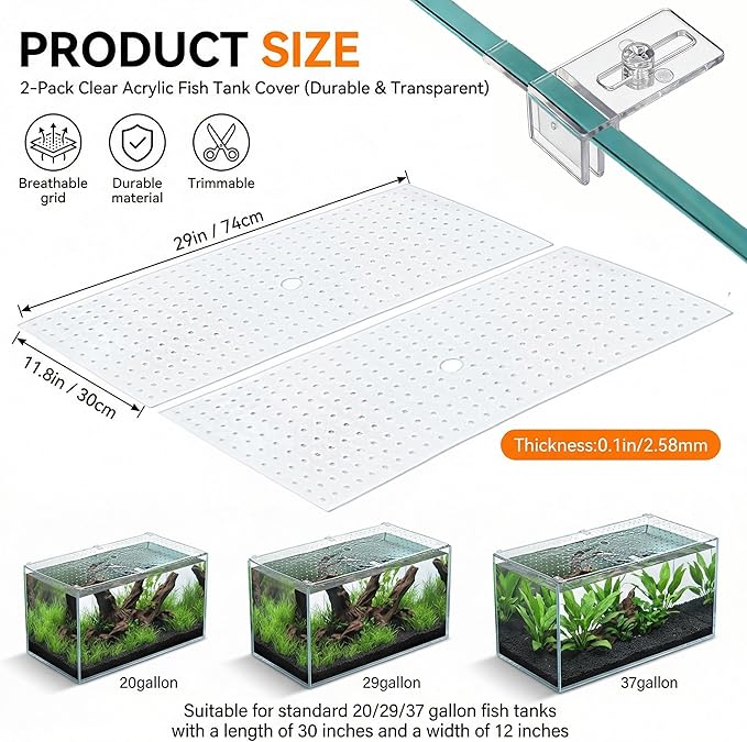 2 Pcs Aquarium Fish Tank Lid Cover for 20/29/40 Gallon Fish Tank 29 X12 in Polycarbonate Cuttable Canopy Top Net Aquariums Cover Fish Tank Hood