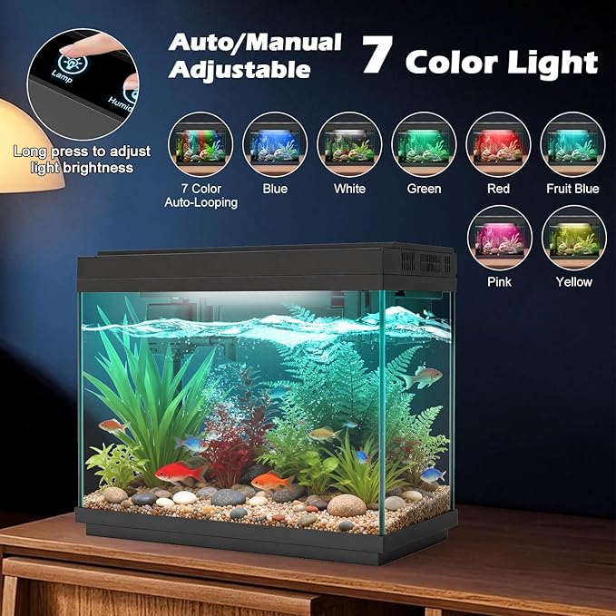 Smart Aquarium Fish Tank with Silent Water Pump, 2.4 Gallon Small Aquarium with Quick Start Kit, Temperature Display, Humidifier and RGB Lights, Perfect for Home, Office, and Decor, Black
