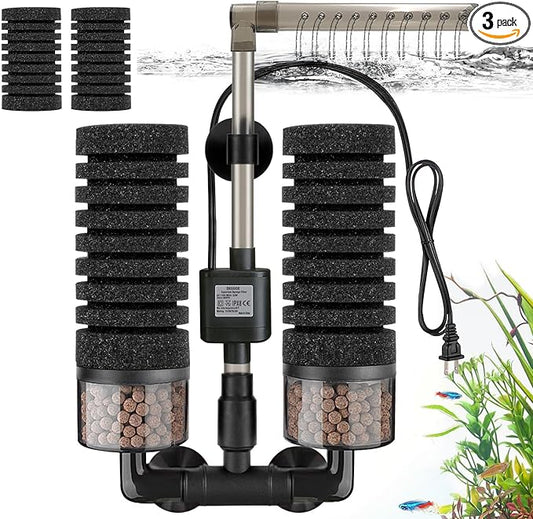 Upgrade Aquarium Electric Power Sponge Filter with Submersible Pump ，Ultra-Quiet Motor with Bio Ceramic Media Balls and 2 Spare Sponge (L for 20-55 Gal)