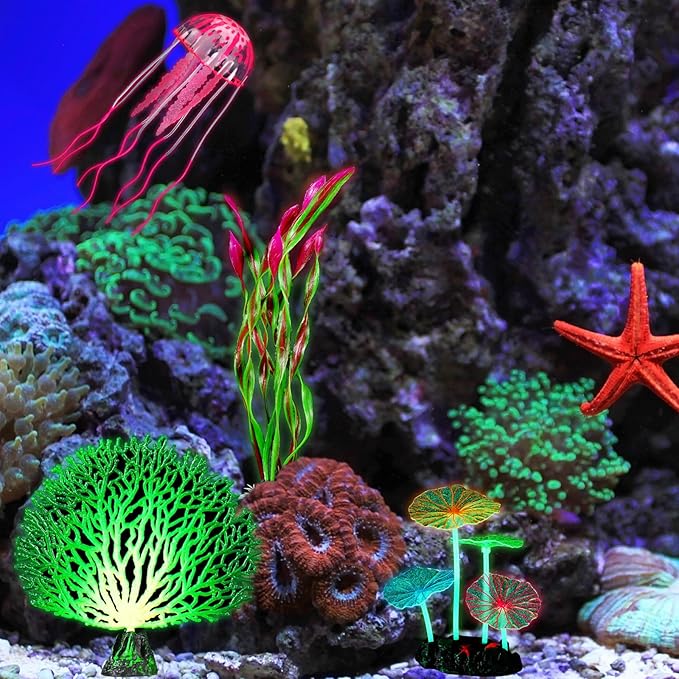 Frienda 8 Pieces Glowing Effect Fish Tank Decorations Artificial Plants with 2 Style Glowing Kelp, Sea Anemone, Simulation Coral, Jellyfish, Lotus Leaf, Mushroom for Aquarium Ornament(Purple, Pink)
