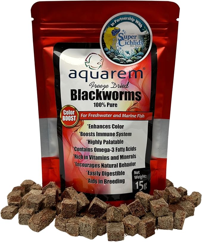 Super Cichlids Freeze Dried Blackworms with Color Boost - Great for Tropical & Marine Aquariums - High Protein, No Preservatives - Live Blackworms Replacement (15 Grams)