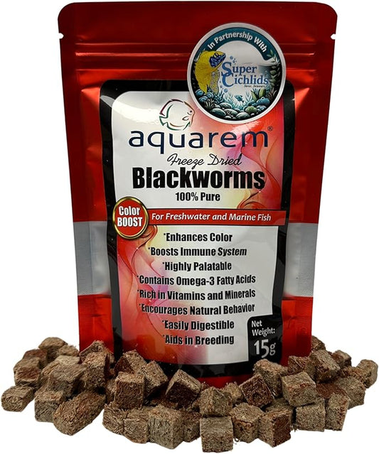 Super Cichlids Freeze Dried Blackworms with Color Boost - Great for Tropical & Marine Aquariums - High Protein, No Preservatives - Live Blackworms Replacement (15 Grams)