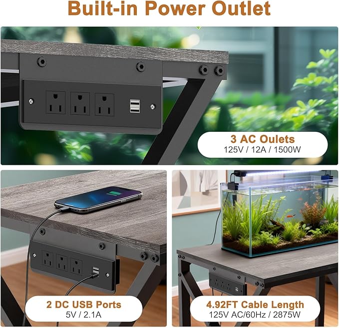fishkeeper Heavy Duty Metal 50 Gallon Aquarium Stand with Charging Station, 2-Tier Storage Shelves with USB Ports and Outlets, 720LBS High Load Capacity Fish Tank Stand for Reptile/Turtle/Breeder Tank Stand