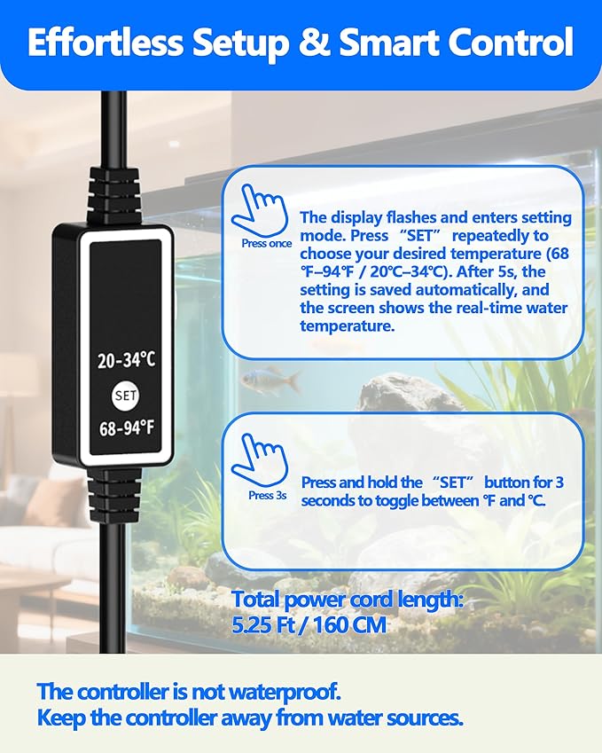 100W Titanium Aquarium Heater with LED Digital Display & External Controller – Submersible Fish Tank Heater, Precise ±1.8℉, IP68 Waterproof, for 10–25 Gallon Freshwater & Saltwater Tanks