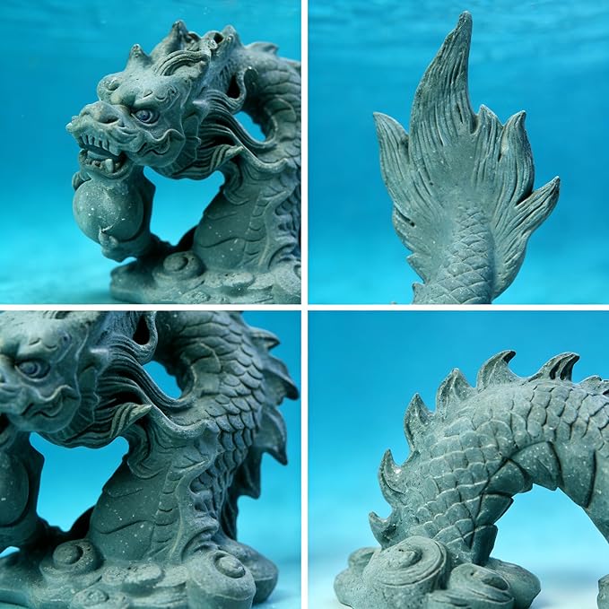 3-Piece Asian Dragon Aquarium Decor Set, Resin Bluestone Sand Ornaments, Sandstone Style, for Freshwater and Saltwater Fish Tanks and Gardens