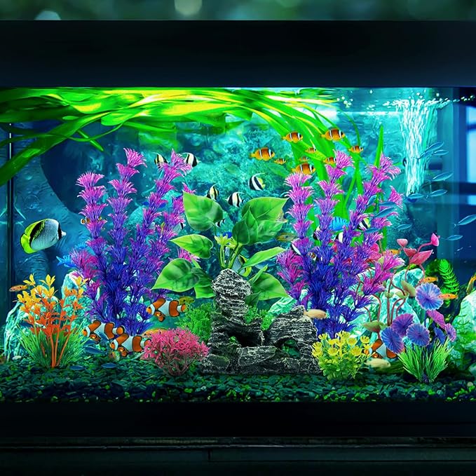 QUOZUO Fish Tank Accessories Aquarium Decorations Plants, 9pcs Colorful Fish Tank Artificial Plants and Cave Rock Decor Set, Aquarium Decor Plastic Plants