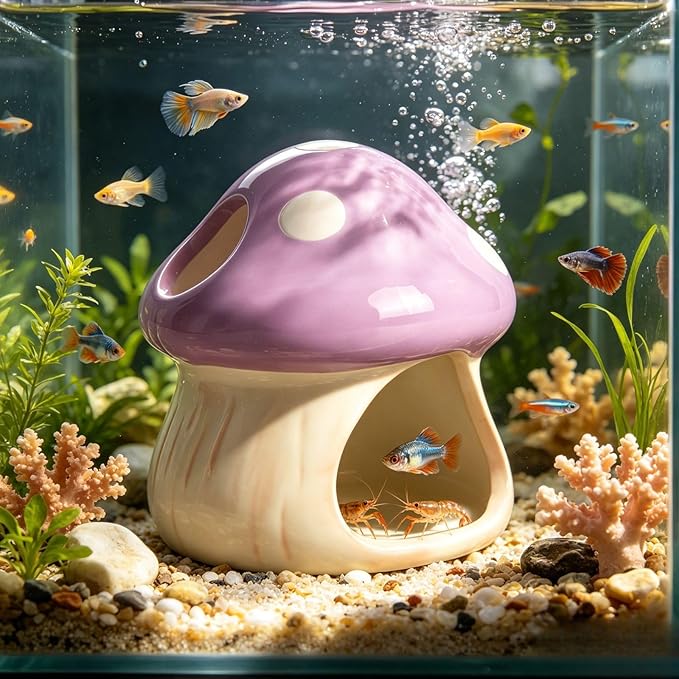 Ceramics Mushroom House Aquarium Decor – Axolotl & Betta Hiding Cave with Breeding Spot for Betta Fish, Shrimp, Small Fish & Goldfish Tank Ornament - Purple