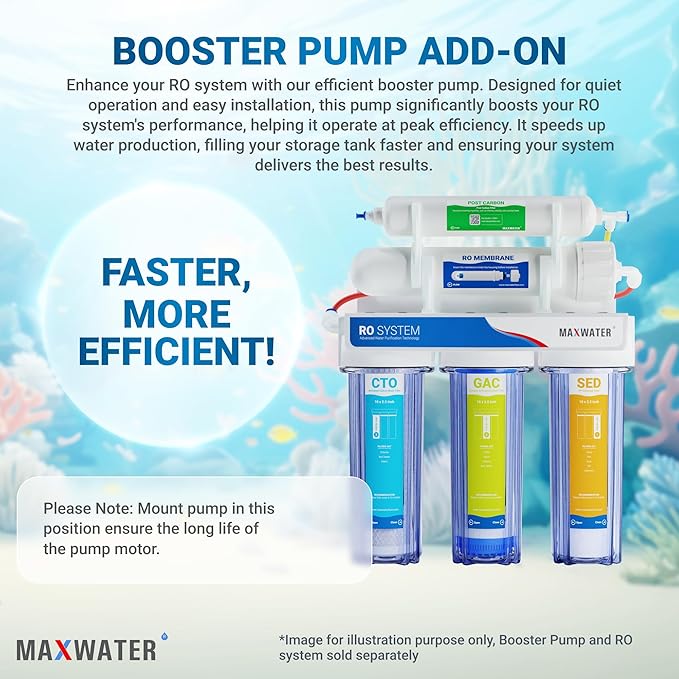 Reverse Osmosis 50 GPD RO Booster Pump + High Pressure Switch, 2 Connect Fittings - 1/4 OD x 3/8 MIP Elbow