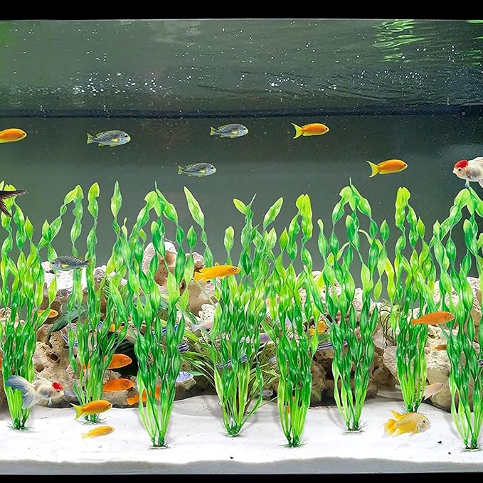 Artificial Aquarium Plants, Green Plastic Fish Tank Decorations, 12 Inch Tall Water Plants with Stable Base, 10 Pack, Safe for Fish (Green)