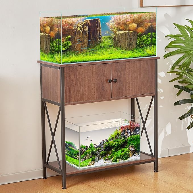 LAQUAL 20-29 Gallon Aquarium Stand with Cabinet, 20 Gallon Long Fish Tank Stand with 31''L * 12''W Tabletop, Double Heavy Metal Stand with Stable Structure, Adjustable Table Feet - Walnut Brown