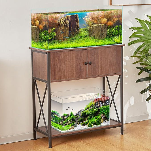 LAQUAL 20-29 Gallon Aquarium Stand with Cabinet, 20 Gallon Long Fish Tank Stand with 31''L * 12''W Tabletop, Double Heavy Metal Stand with Stable Structure, Adjustable Table Feet - Walnut Brown