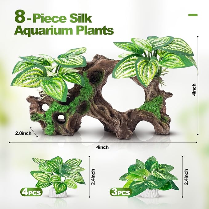 CousDUoBe 8 Pcs Fish Tank Decor，Silk Aquarium Plants Green Silk Leaf pad Hammock Artifical Driftwood cave Betta Fish Tank Accessories 7 x 2.8 x 4 inches(LxWxH)
