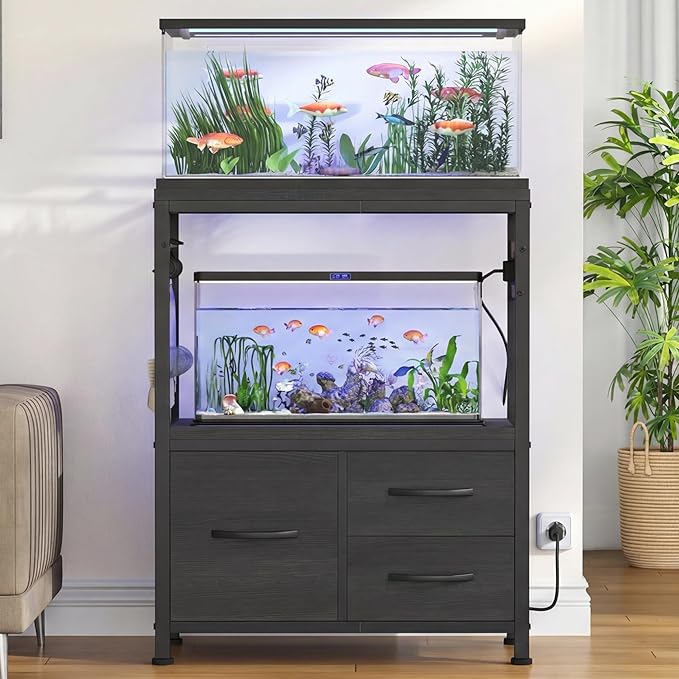 Heybly 10-20 Gallon Fish Tank Stand, Aquarium Stand with Drawer, Power Outlet, Heavy Duty Metal Frame, for Fish Tank, Turtle & Reptile Terrarium, 24.4" × 12.6" Top, 200lbs, Black HAS003SBK