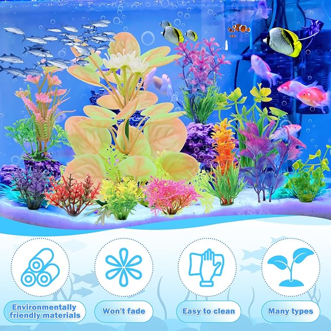 QUOZUO Fish Tank Accessories Aquarium Decorations Plastic Plants, 11cs Small Goldfish Turtle Tank Decorations Artificial Plants, Aquarium Decor Colorful Grass Plant