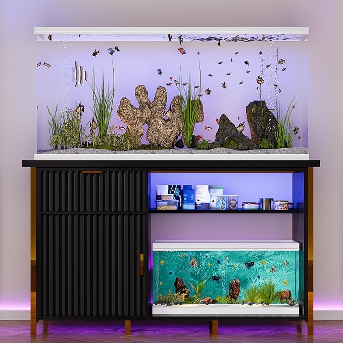 55-75 Gallon Fish Tank Stand with Power Outlets, LED Light, Vertical Lines, Heavy Duty Aquarium Stand with Cabinet for Fish Tank Accessories Storage, Turtle Tank, Reptile Terrarium (Black and Gold)