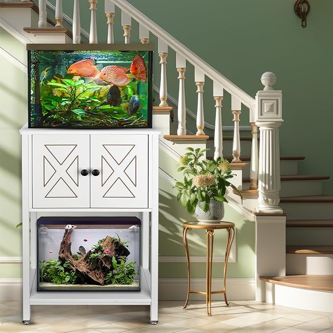 BEURUKU 5-10 Gallon Fish Tank Stand, Heavy Duty Aquarium Stand with Cabinet & Power Outlets for Fish Tank Accessories Storage, Double Reptile Terrarium Stand 20.5" L* 11" W Tabletop, White