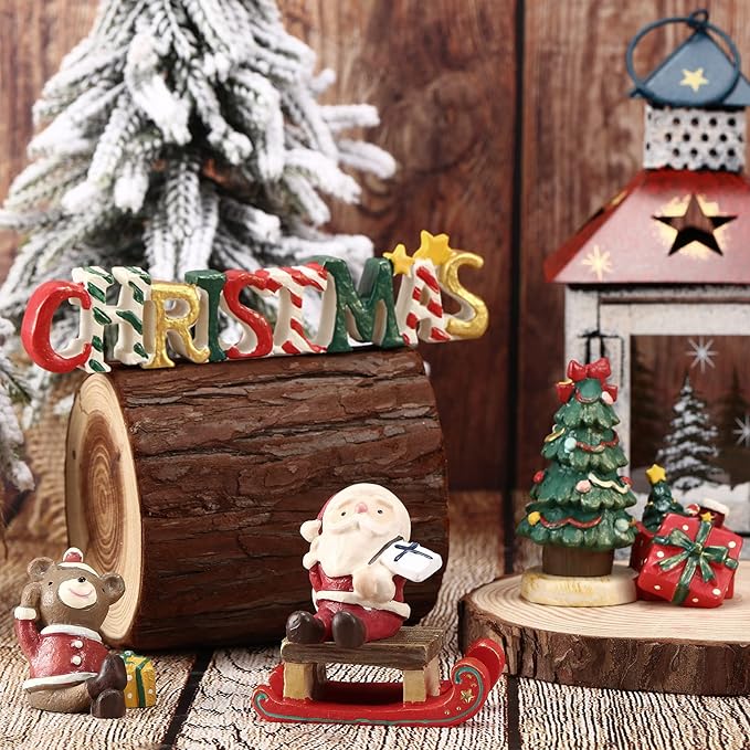 Jetec 6 Pcs Christmas Aquarium Decoration Fish Tank Creative Aquarium Resin Ornament Xmas Series Landscaping Decor Christmas Tree Santa Bear Sled Figurines for Table Desk (Lovely Style)